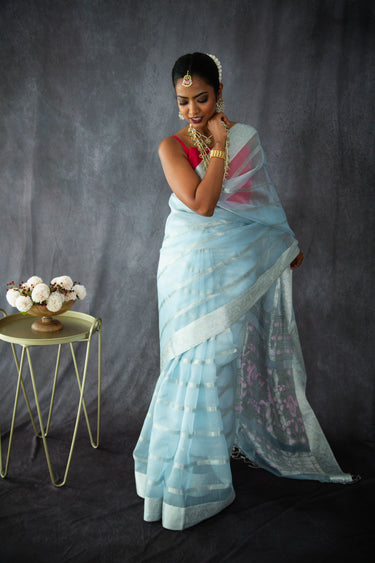 ShopNaya Exclusive | Handwoven | Silk Organza | Pastel Blue & Pink | Silver Zari | Ships from California
